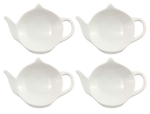 White Ceramic Tea Bag Coasters — Spoon Rests; 4-Pack Classic Teabag Caddy Holder Saucer Set