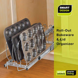 Select nice smart design expandable roll out lid bakeware organizer w adjustable dividers hardware long steel metal holds 100 lbs cabinets cookware items kitchen 21 40 x 8 5 inch chrome