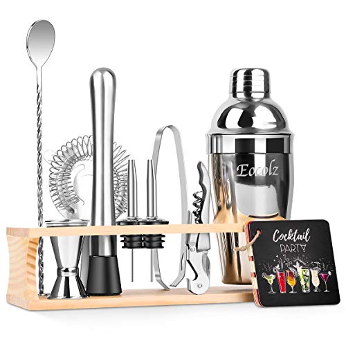 Eocolz Cocktail Shaker Bar Set Bartender Kit with Stand Accessories: Martini Shaker, Jigger, Strainer, Mixer Spoon, Tongs, Pourer, Muddler, Bottle Opener | Professional Bar and Home Drink Making Tools