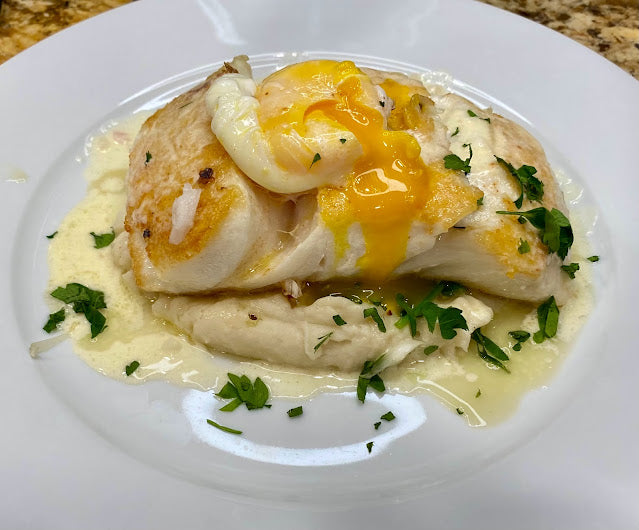 PAN SEARED HALIBUT WITH POACHED EGG AND LEMON BUERRE BLANC