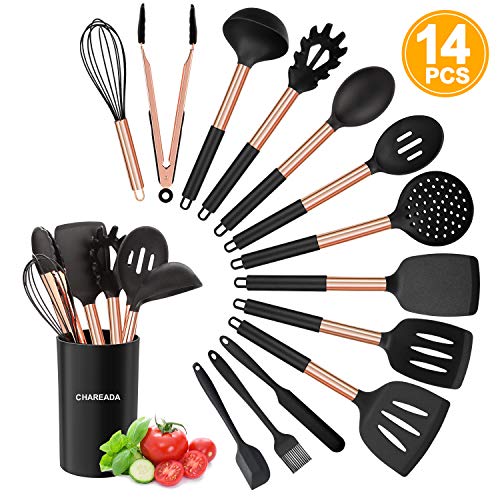 Silicone Cooking Utensil Set, 14pcs Kitchen Utensils Set Non-stick Heat Resistant Cookware Stainless Steel Handle Cooking Tools Turner Tongs Spatula Spoon  BPA Free, Non Toxic