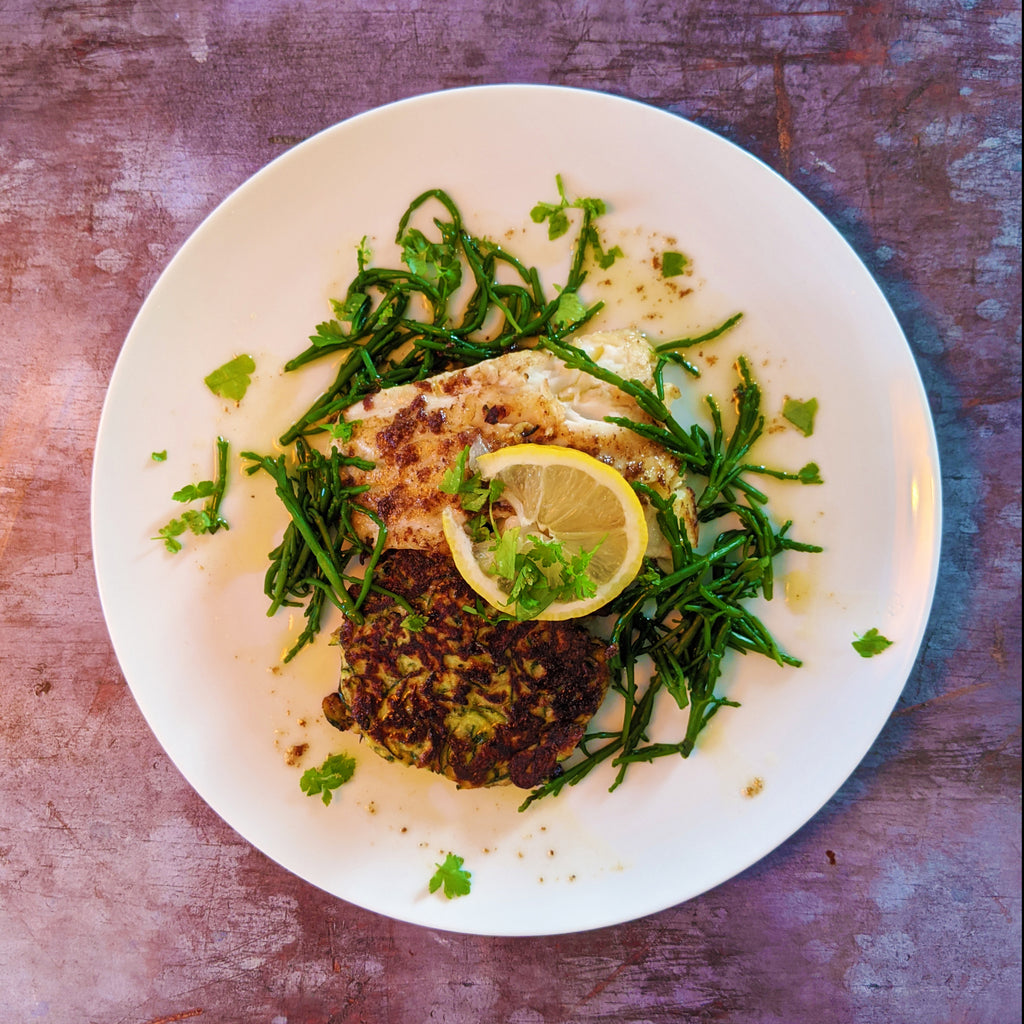 Lemon Butter Cod with Parmesan Courgettes Fritters and Samphire