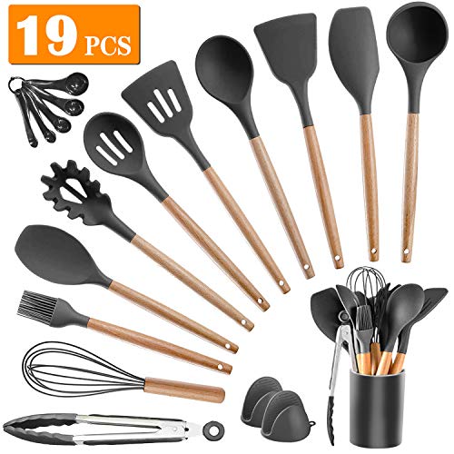 Kitchen Utensil Set Silicone Cooking Utensils  SZBOB 19pcs Kitchen Utensils Tools Wooden Handle Spoons Silicone Utensil Set Spatulas Set Cookware Turner Tongs Whisk Kitchen Gadgets with Holder