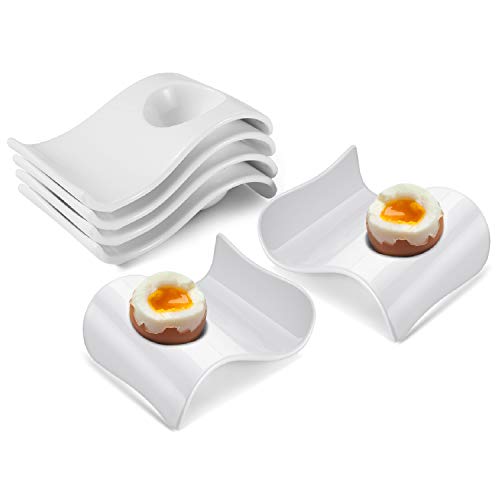 Flexzion Ceramic Egg Cups Set of 6, Half Dozen Pack, Porcelain Hard Soft Boiled Eggs Container w/Utensil Spoon Holder Base, Stackable New Wave Serving Dish Serveware f/Breakfast Brunch Display White