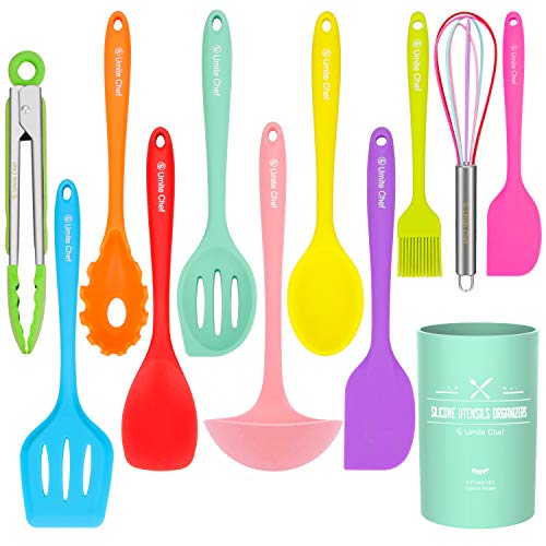 Silicone Cooking Utensils Kitchen Utensil Set-12 Pieces Colorful Kitchen Utensils Cooking Tools Turner Tongs Spatula Spoon for Nonstick Cookware – Best Kitchen Tools with Utensil Crock by Umite Chef