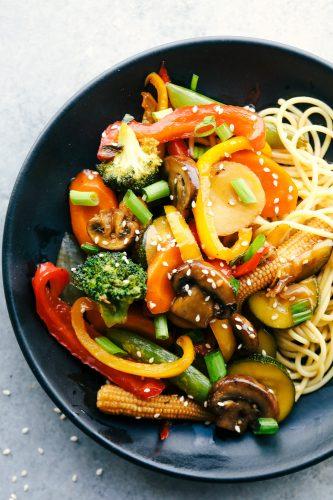 Easy Vegetable Stir Fry is a mixture of colorful vegetables sautéed in a sweet and savory sauce that makes for a simple weeknight meal! Less than 30 minutes to make from start to finish!