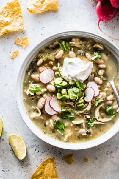 This Easy Green Chicken Chili is a healthy and comforting one pot soup made with salsa verde and white beans