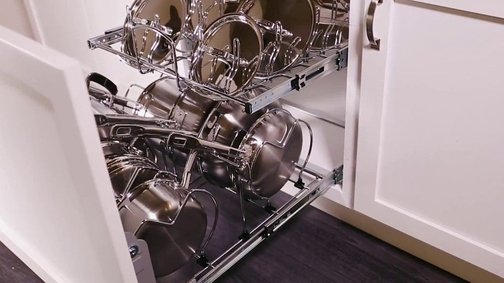 Two-Tier Pots, Pans and Lids Organizer for Kitchen Cabinet Installation by Rev-A-Shelf - Call us at 1-800-667-8721 or Visit: ...