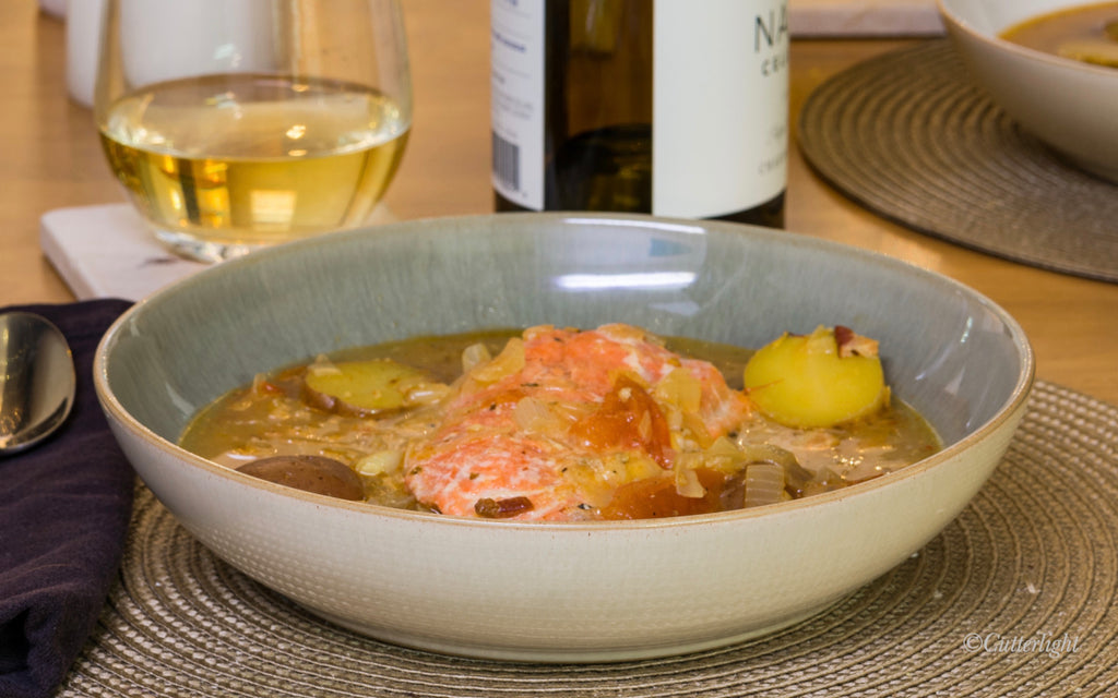 Salmon (or any fish) in Saffron Broth with New Potatoes