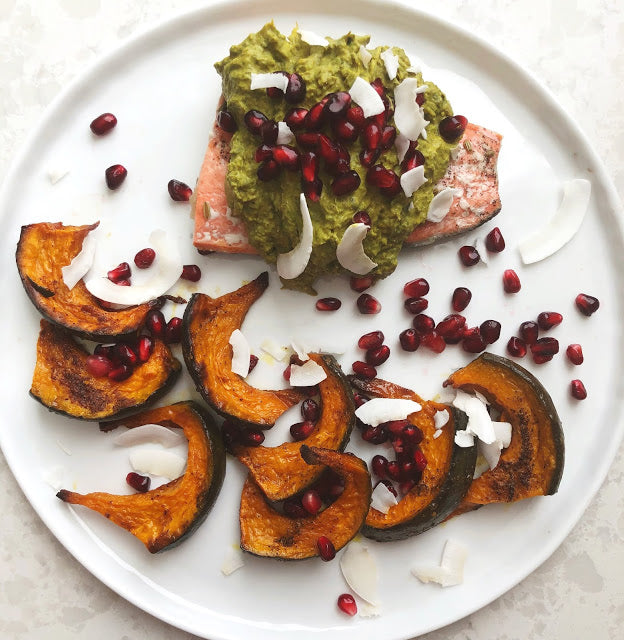 lemon baked wild caught salmon with spiced coconut creamed spinach & caramelized winter squash