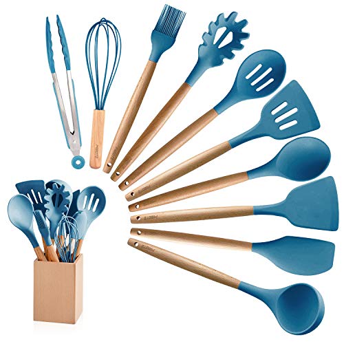 MIBOTE 10 Pieces Silicone Cooking Utensils Kitchen Utensil Set with Holder, Acacia Wooden Cooking Tool Turner Tongs Spatula Spoon for Nonstick Cookware  Best Kitchen Tools Gadgets (Blue)