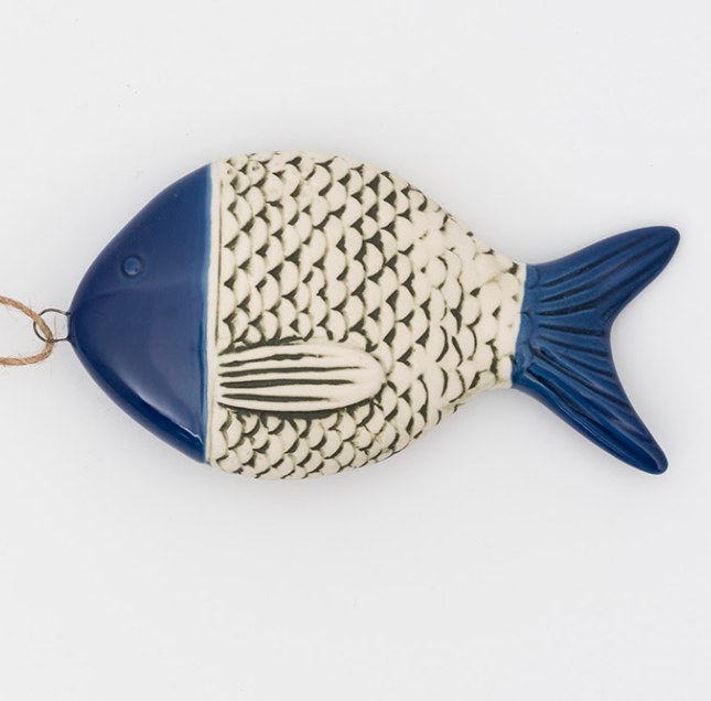 Blue and White Stoneware Fish Ornament - Wide - 2-1/4-in.