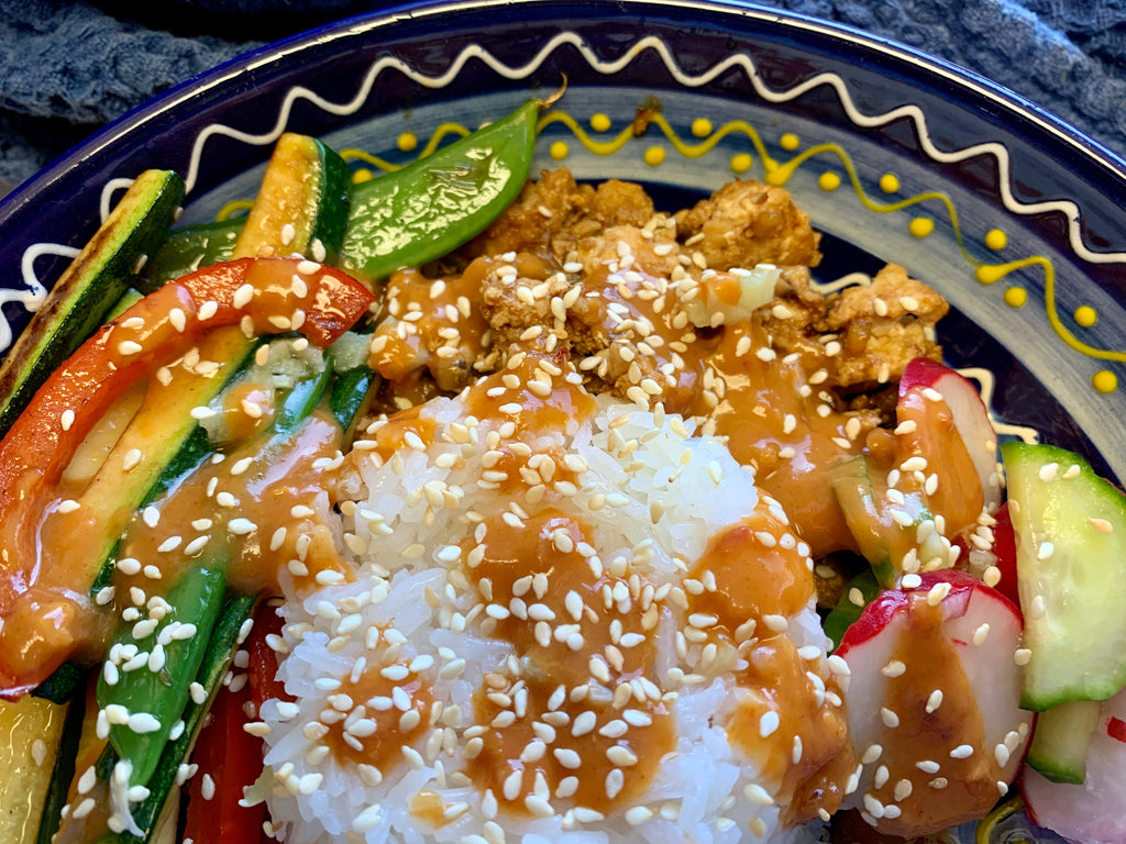 Asian Chicken Mushroom Bowls with Peanut Sauce