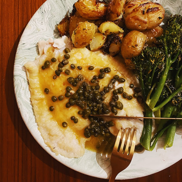 SOLE MEUNIÈRE WITH SMASHED ROSEMARY POTATOES