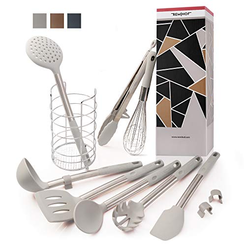 REMIHOF Silicone Kitchen Utensil Set  Nonstick Silicone and Stainless Steel Cooking Utensils  Spatula Turner Ladle Pasta Server  Best Culinary Gift Set (9pcs, Grey)