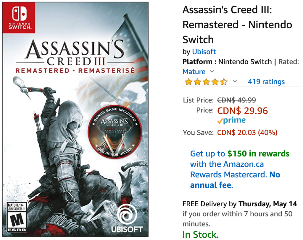 Amazon Canada Deals: Save 40% on Assassin’s Creed III: Remastered – Nintendo Switch + 42% on Electronic Pet Dog Interactive Puppy + More Offers