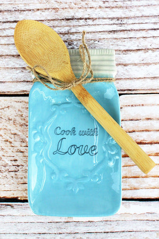 6.75 x 3.75 Blue Ceramic 'Cook With Love' Spoon Holder with Spoon Set