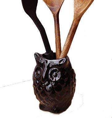 abhandicrafts 5" Ceramic Pen Pencil Holder Stationary Organizer Cooking Utensil Holder for Home Office Artifical Planter (Owl Shaped Black)