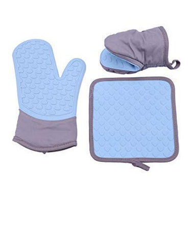 ZY Oven Mitts Heat Resistant - Pot Holders with Pocket for BBQ,Oven,Kitchen Cooking and Baking,Silicone Oven Gloves with Cotton Linning (Blue)