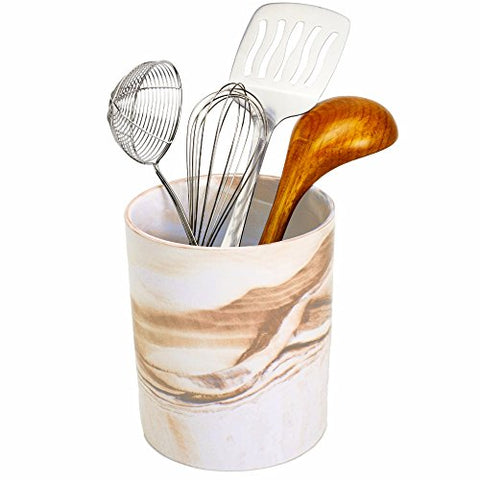Porcelain Kitchen Utensil Crock - Ceramic Planter Flower Pot - Grey Decorative Marble Food, Art and Office Supplies Holder - Vegetable Storage - by Marbelous