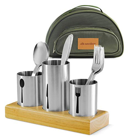 Utensil Caddy with Silverware Cutlery Holder Set Stainless Steel Flatware with Bamboo Wood Base Organizer & Carry Bag with Forks Knives Spoons Ideal Dining Entertaining Tailgating Picnics Camping