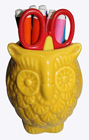 Thanksgiving Christmas Day Best Gift - abhandicrafts - 5" Ceramic Pen Pencil Holder Stationary Organizer Cooking Utensil Holder for Home Office Artificial Planter by abhandicrafts (Owl Shaped Yellow)
