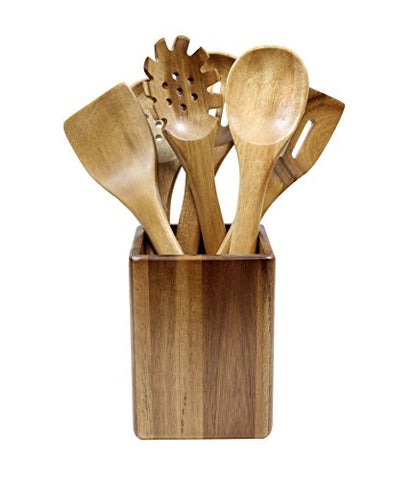 Tablecraft H14006 Elements Collection Utensil Set with Holder, 5" x 6.5" x 11.5", Marble/Acacia