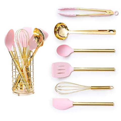 Pink & Gold Cooking Utensils with Stainless Steel Utensil Holder-Silicone Cooking Utensil Set: Gold Whisk,Gold Ladle,Pink Spatula,Gold & Pink Tongs,Pink & Gold Serving Spoon,Turner,Gold Utensil Holder
