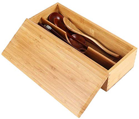 Happy Sales HSUH-BUTFLB, Utensil Holder With Divider and Lid Drawer Flatware Organizer 10.75"L, Bamboo