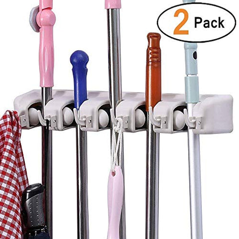ONMIER 2 Pack Mop and Broom Holder, Multipurpose Wall Mounted Organizer Storage Hooks, Ideal Tools Hanger for Kitchen Garden, Garage, Laundry Room