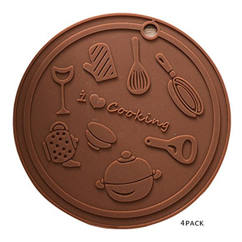 Trivets,Silicone Trivet Mats for Hot Dishes,for Hot Pots and Pans-Hot Pads, Pot Holders, Spoon Rest, Jar Opener &Coasters,6"-Brown Chocolate-set of 4