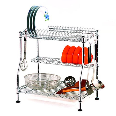 Sink Dish Drying Rack, 3-Tier Adjustable Large Dishes Rack with Removable Drain Board, Kitchen Folding Dish Rack & Plate Holder, Rustproof Stainless Steel, Sturdy Chrome Dish Drainer Organizer