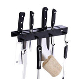 UCAS Rustic Kitchen Rail Organizer with 4 Hooks and 4 Knife Holders Wall Mount, Stainless Steel Pot Pan Lid Holder Rack (Matte Black)