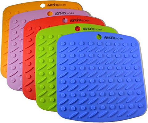 Set of (5) Aarcho Kitchen - Premium Flexible Silicone Pot Holders/Trivets, Durable, Non-slip Pads, Multiple Colors (Red, Green, Orange, Blue, Purple), Garlic Peelers, Spoon Rests, Multiple Uses
