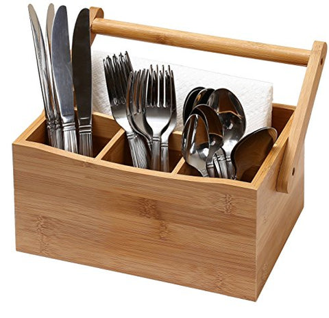 YBM HOME 4 Compartment Bamboo Cutlery and Napkin Caddy with Handle 336