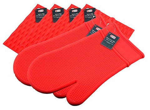 Silicone Oven Mitt and Pot Holder - Kitchen Oven Glove for Cooking, Baking, Grilling - Pot Holder useable as Jar Opener, Trivet Mat, Garlic Peeler - Dishwasher Safe. By Ai-De-Chef (6-Pack, Red)