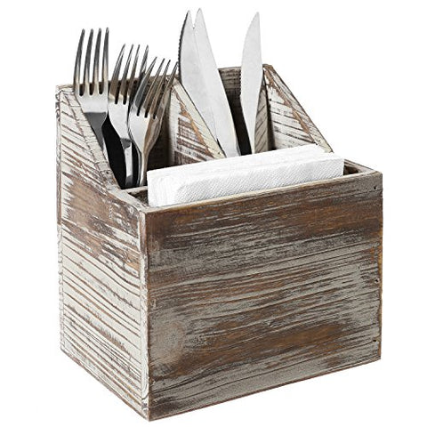 Rustic Torched Wood Tabletop Flatware, Utensil Caddy, Cutlery Organizer and Napkin Holder, 3 Compartment