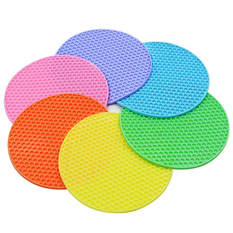 Round Hot Pots - Silicone Trivets Set for Hot Dishes 6 Pcs,Pot Holder,Spoon Rest,Jar Opener,Plate Mat,Cup Mat,Garlic Peeler Flexible Insulation Non-slip Durable Pad