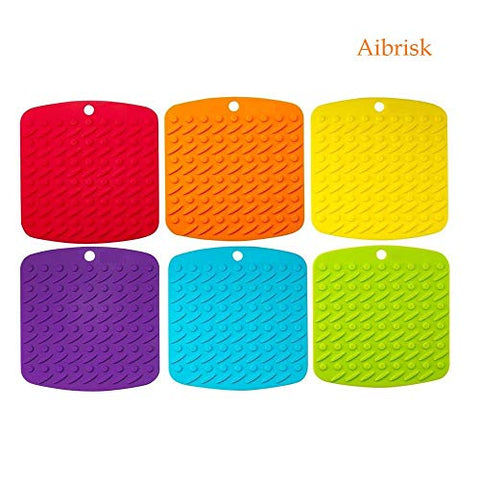 Aibrisk Silicone Pot Holders - Silicone Trivets Mats for Hot Dishes Pot Holders Heat Resistant, Spoon Rest and Garlic Peeler Non Slip Multipurpose Kitchen Tool 7x7" Potholders (Set of 6)