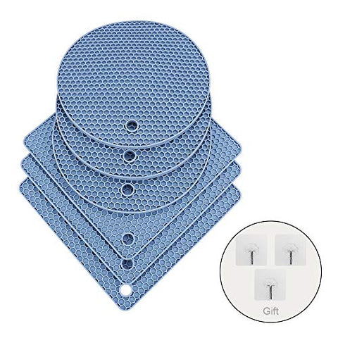 Silicone Hot Pads and Trivets,Vermida 6 Packs Insulation Silicone Hot Pads Trivet,3 Squared & 3 Round Honeycomb Silicone Trivets For Hot Dishes,Multipurpose Non-slip Heat Resistant Hot Holders(Blue)