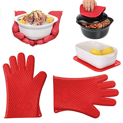 Silicone Cooking Gloves - Heat Resistant Oven Mitt for Grilling, BBQ, Kitchen - Safe Handling of Pots and Pans - Cooking & Baking Non-Slip Potholders (1 Pair) - with 2 Trivet Mats/Hot Pads, Pot Holder