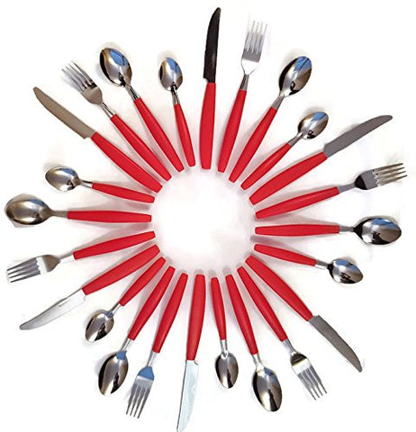 Colored Cutlery Set Stainless Steel - 24pces with Counter-Top Handled Storage Rack - Knives, Forks, Big & Small Spoons with Dishwasher Safe Handles (Red)
