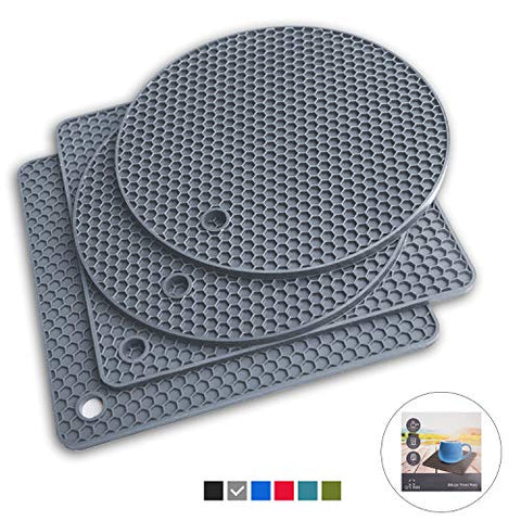 Q's INN Gray Silicone Trivet Mats | Hot Pot Holders | Drying Mat. Our potholders Kitchen Tool is Heat Resistant to 440°F, Non-slip,durable, flexible easy to wash and dry and Contains 4 pcs.