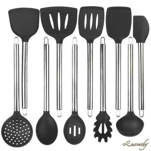 Luxcathy 304 Stainless Steel and Silicone Kitchen Utensil Set, 10-Pieces with Spoon, Spatula Tools, Pasta Server, Ladle, Strainer for Pots and Pans Non-Stick Heat Resistant Silicone (Black)