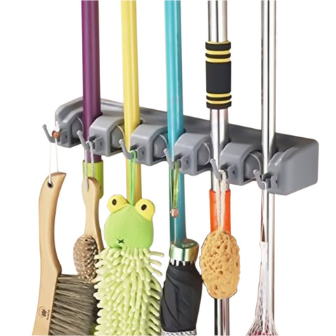 VICKMALL Mop and Broom Holder Non-slip Auto Adjustable Positions With Hooks for Wall and Closet Mounted Hanger, Rakes, Garden, Sports Garage Equipment Storage Solutions Organiser( 5 Postion 6 Hooks)
