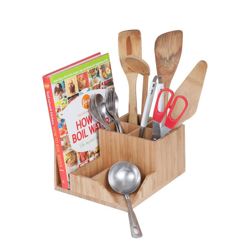 MobileVision Bamboo Kitchen Organizer Utensil Holder with Spoon Rest Storage Compartments for Cookbooks, Spatulas, Silverware, and more