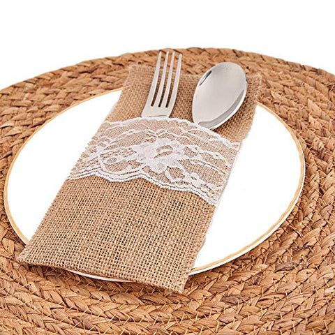 Burlap Lace Utensil Holders 20 Pack Wedding Cutlery Holder Pouch Pouch Bags Knifes Forks Napkin Silverware Holder Bag for Rustic Wedding Party Bridal Shower Decorations