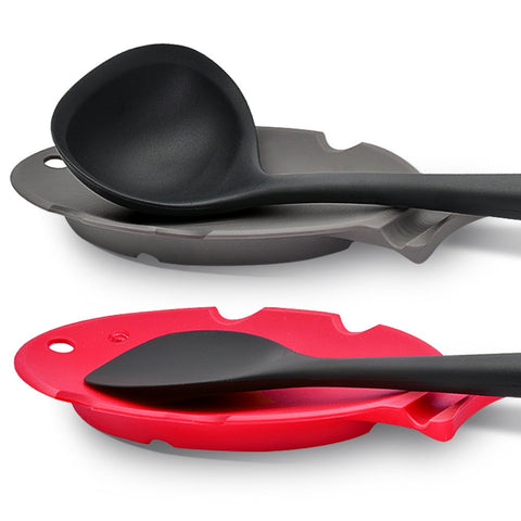 Spoon Rest, New Design Multipurpose Utensils Rest Holder Suitable for Most Kitchen Utensils, Cooking Utensil Rest, Spatula Holder, Stove Top, Silicone BPA Free, Dishwasher Safe 2 piece (Red, Gray)