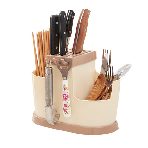 Pixco Home Use Kitchen Tool Knife Spoon Chopsticks Fork Multifunction Storage Box Rack Cutlery Holder Plastic for Kitchen Countertop/Dining Table Storage (Khaki)