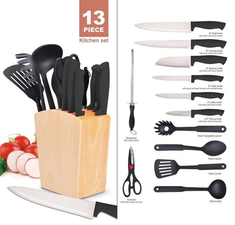 13pcs Kitchen Utensil Set Included 6Pcs Kitchen Knives With Scissors & Sharper,4Pcs Nylon Cooking Tools, 2 In 1 Knife Block And Utensil Holder